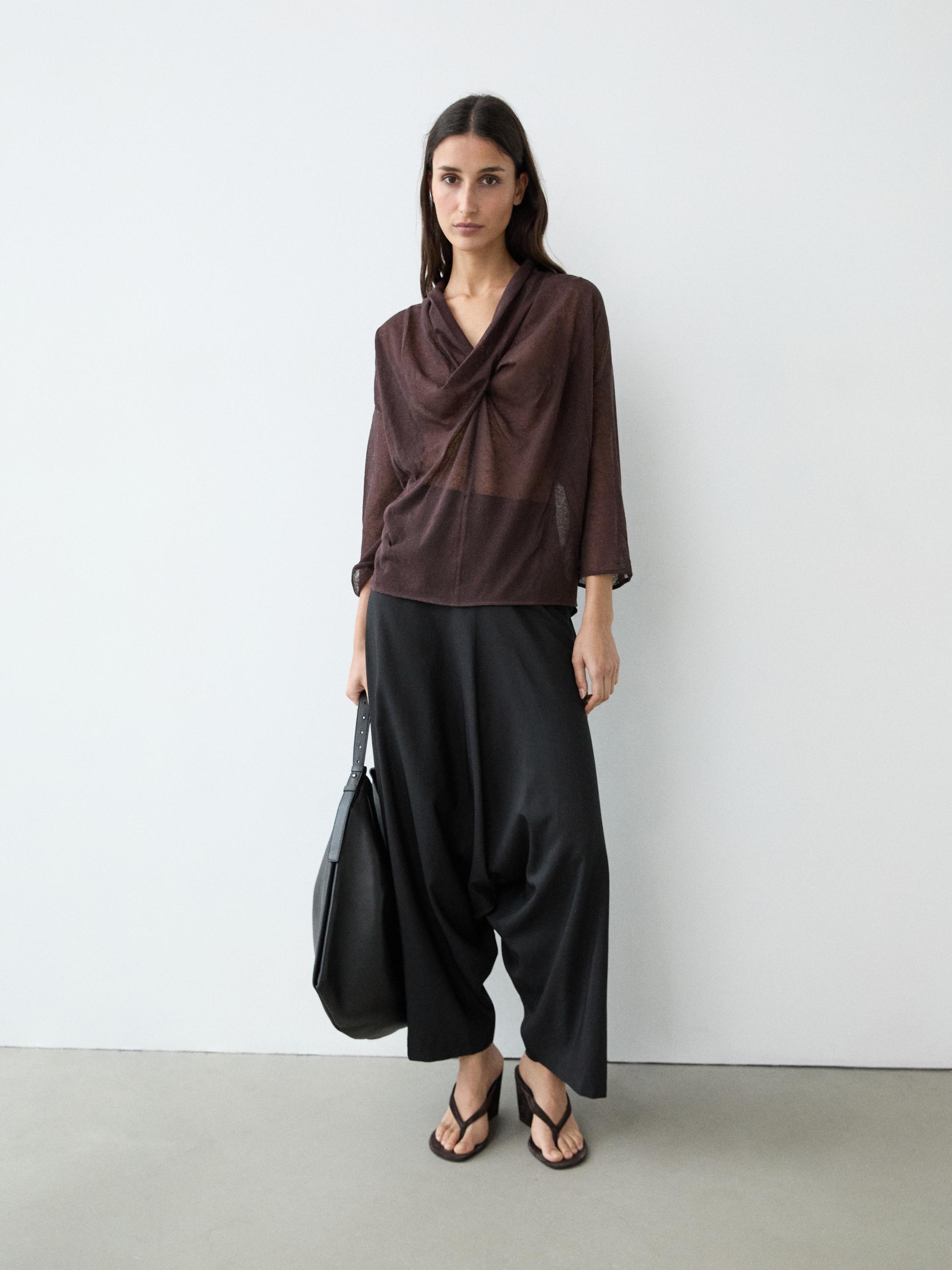 Linen blend shirt with cowl neckline